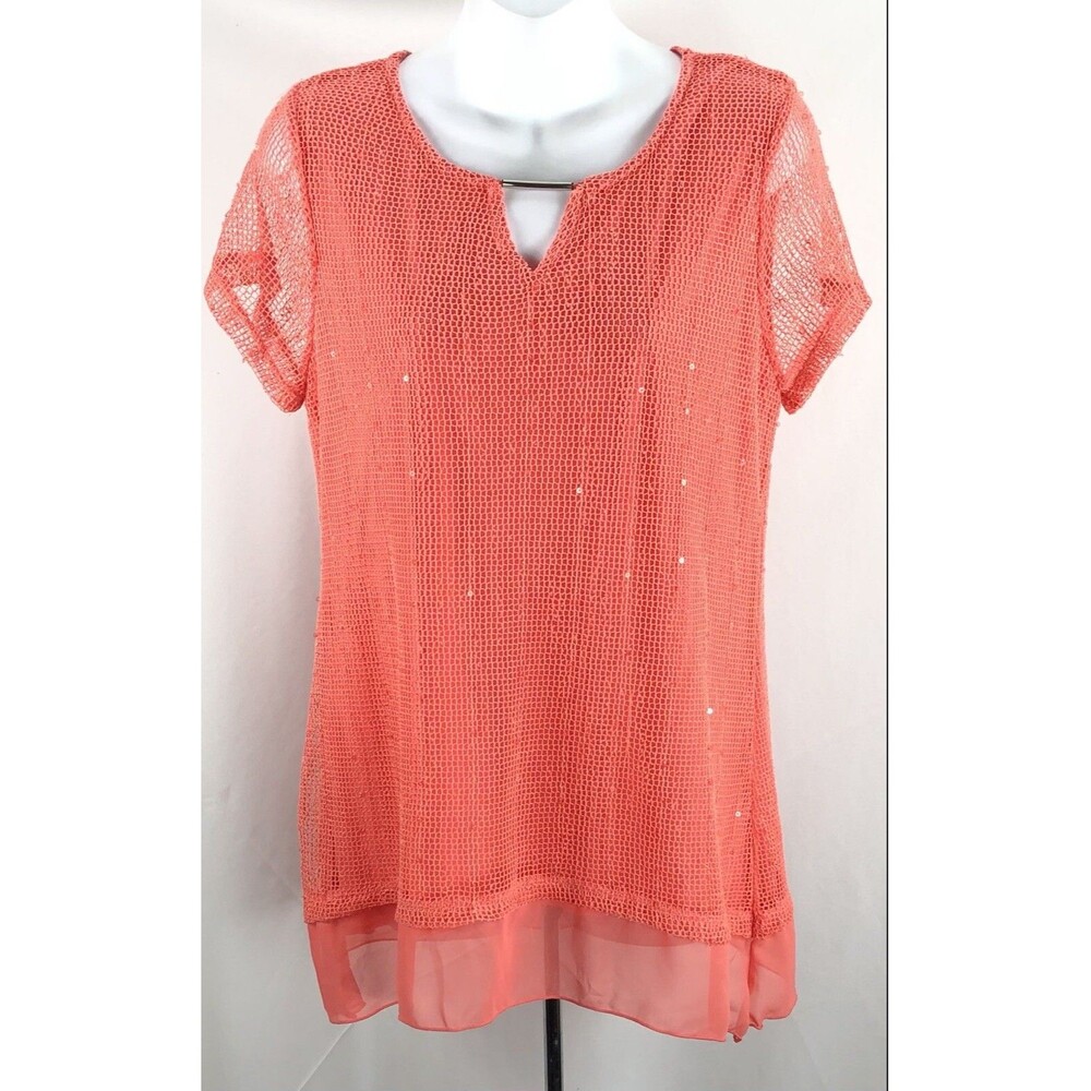JM Mesh & Chiffon Top S Coral Sequin Cut Out Embellished Keyhole Neck Beach Punk